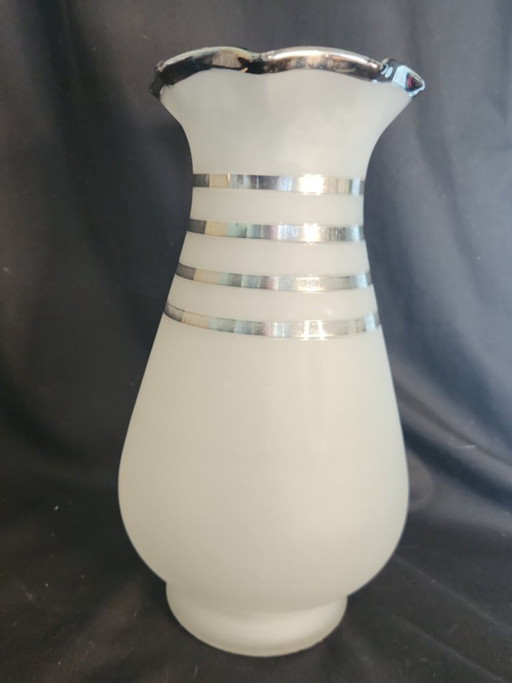 Vintage Art Deco White Frosted Glass Vase Silver Stripes/Bands & Ruffled Rim